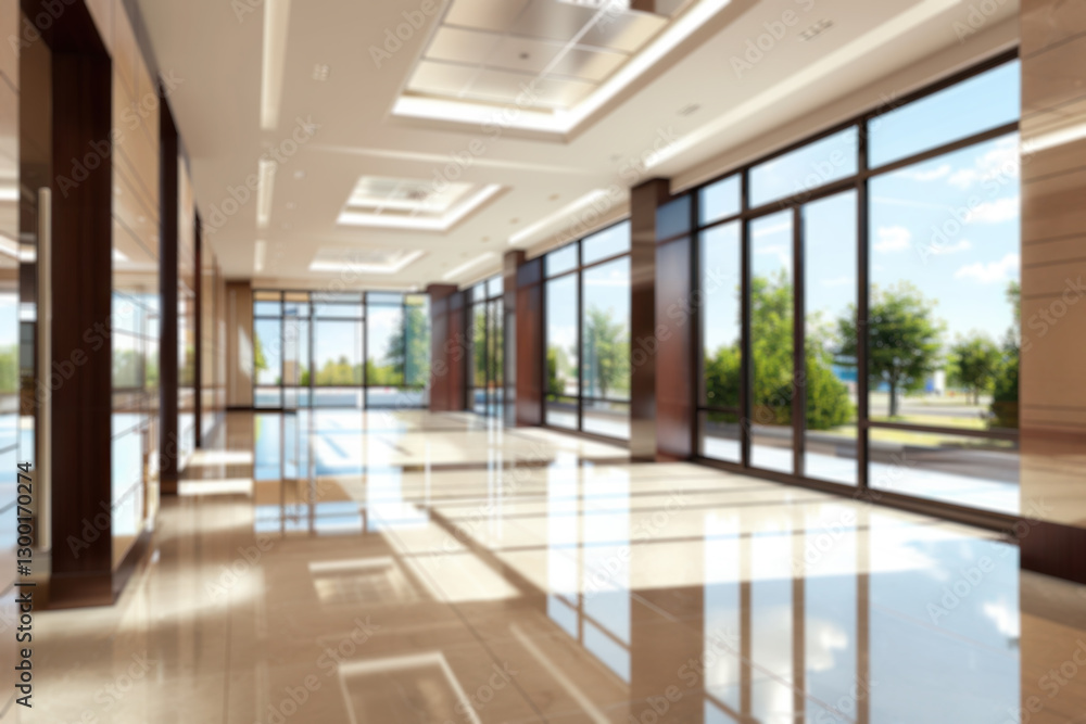 Blurred background indoor modern luxury spacious office hall with panoramic windows and a perspective in pleasant natural beige and soft brown tones. Blurred background indoor modern luxury spacious office hall with panoramic windows and a perspective in pleasant natural beige and soft brown tones.