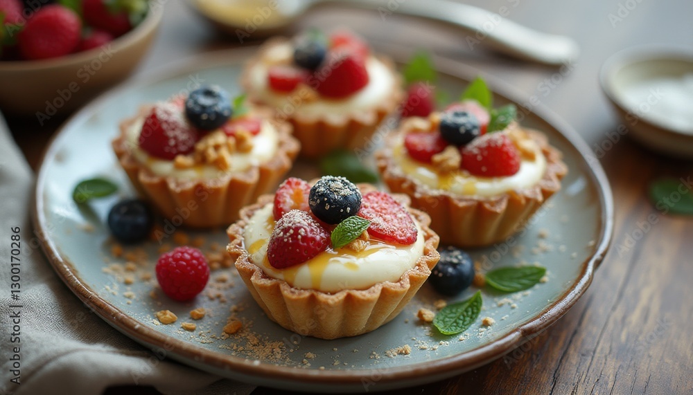 Delicious dessert tarts topped with fresh berries and mint on a wooden table