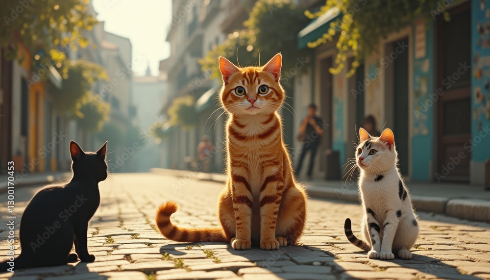 Obraz premium Three cats gather on a cobblestone street under the warm glow of the afternoon sun in a quaint town