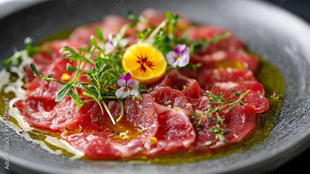 A first-class gourmet dining setup, Carpaccio di Manzo on a fine porcelain plate, thinly sliced tenderloin arranged in an artistic swirl, drizzled with lemon-infused olive oil, A first-class gourmet dining setup, Carpaccio di Manzo on a fine porcelain plate, thinly sliced tenderloin arranged in an artistic swirl, drizzled with lemon-infused olive oil,