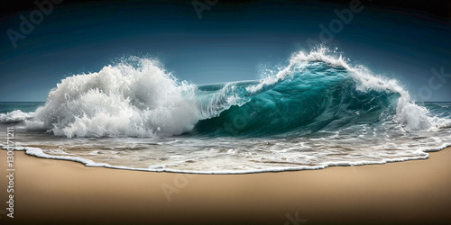 Ocean's Embrace: Captivating moment of an ocean wave crashing onto the shore, displaying the power and beauty of the sea.