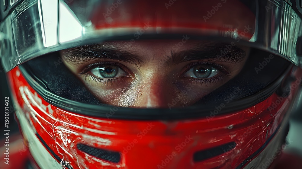 Formula 1 Racer in Intense Helmet Focus on Racetrack Formula 1 Racer in Intense Helmet Focus on Racetrack