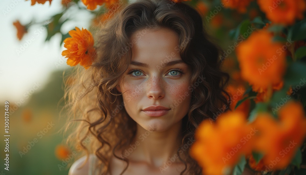 Naklejka premium Young woman surrounded by vibrant orange flowers during golden hour capturing the essence of nature’s beauty