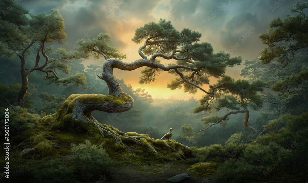 Whispering Pines at Dawn: A tranquil landscape reveals ancient, moss-covered trees as dawn gently breaks, casting a warm. Whispering Pines at Dawn: A tranquil landscape reveals ancient, moss-covered trees as dawn gently breaks, casting a warm.