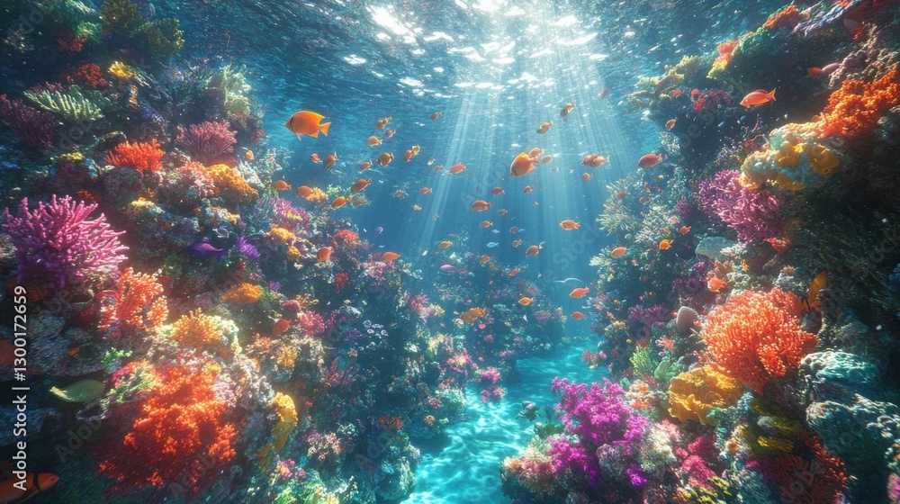 Vibrant Coral Reef Ecosystem with Sunlight Beams Vibrant Coral Reef Ecosystem with Sunlight Beams