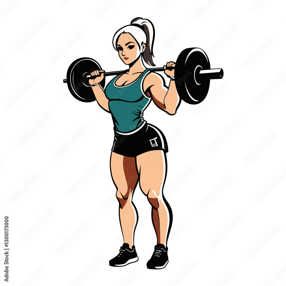Obraz premium Simple Clip Art Illustration of a Strong woman flexing muscles in athletic gear showcasing confidence and power during a workout session