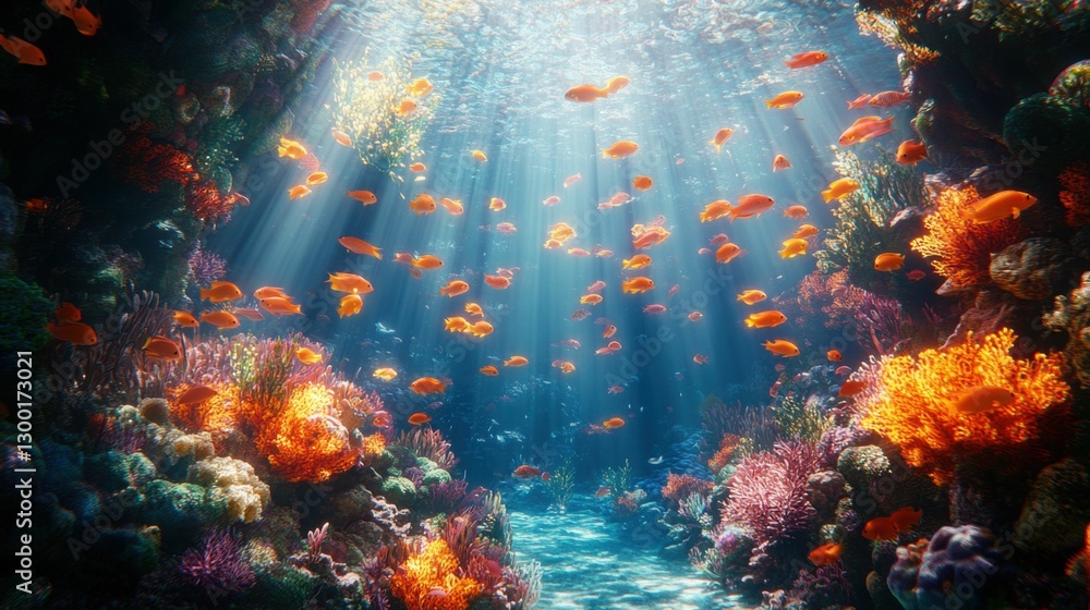 Fototapeta premium Underwater Paradise, Coral Reef and Fish in Sunbeams