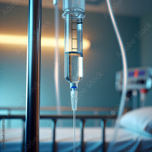 Close-up of an intravenous (IV) drip in a hospital setting.
