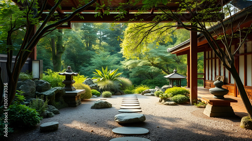 Balance and asymmetry in a zen garden with peaceful places 16:9 with copy space
