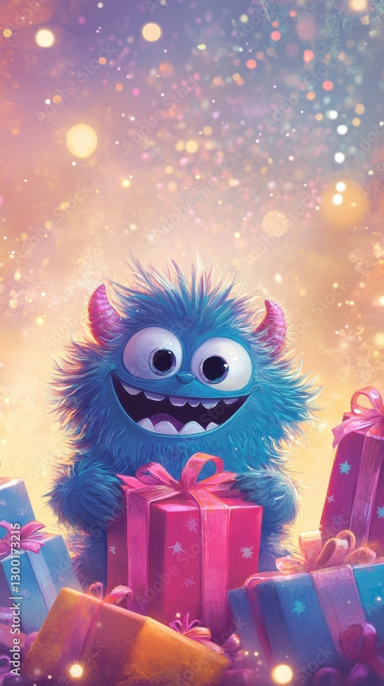 A happy blue monster is surrounded by wrapped gifts happily A happy blue monster is surrounded by wrapped gifts happily