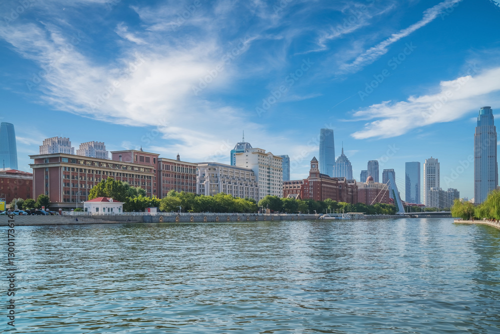 The urban architectural skyline, modern bridges, and Haihe River scenery of Tianjin, China on August 11, 2024 The urban architectural skyline, modern bridges, and Haihe River scenery of Tianjin, China on August 11, 2024