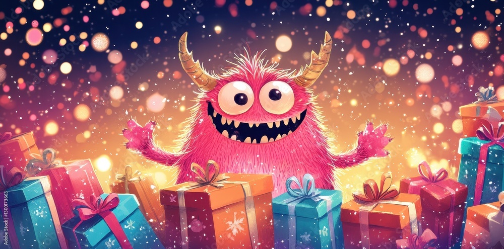 Fototapeta premium A Cheerful Pink Monster Surrounds Colorful Holiday Presents Joyfully