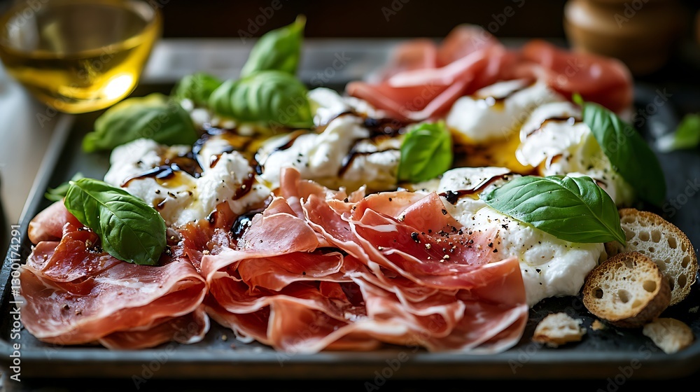 A lavish first-class dining tray featuring a gourmet burrata and prosciutto antipasto, fresh basil leaves scattered over the creamy burrata, balsamic reduction artistically drizzled, A lavish first-class dining tray featuring a gourmet burrata and prosciutto antipasto, fresh basil leaves scattered over the creamy burrata, balsamic reduction artistically drizzled,