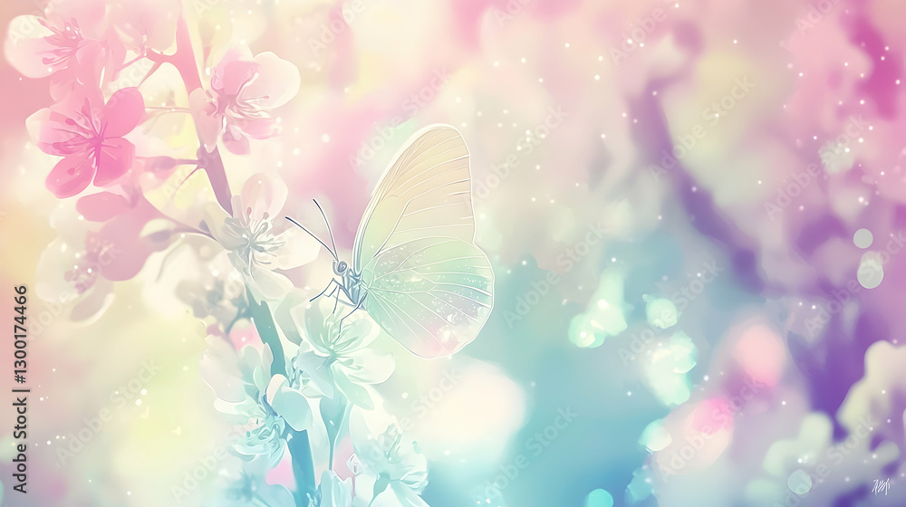 Fototapeta premium Pastel butterfly on blossoming branch, spring garden bokeh background, nature serenity, website banner