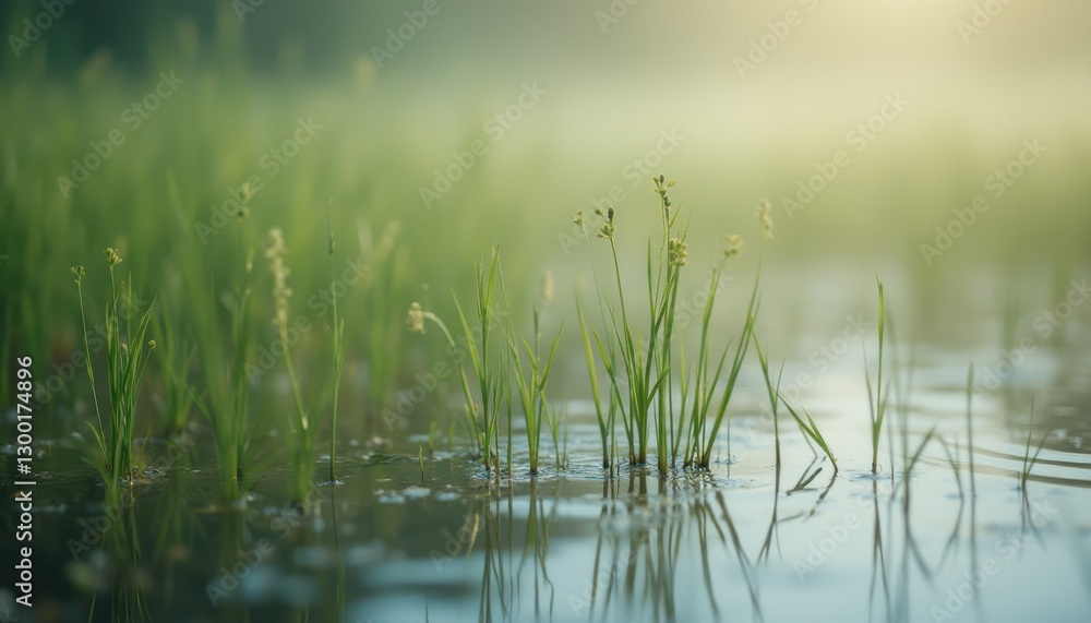 Delicate green grass sways gently in the calm water of a misty morning landscape in nature's serene embrace Delicate green grass sways gently in the calm water of a misty morning landscape in nature's serene embrace