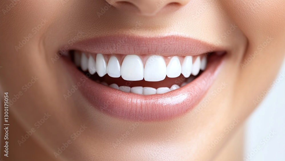 Closeup of a Woman's Bright Smile with White Teeth and Pink Lips Closeup of a Woman's Bright Smile with White Teeth and Pink Lips