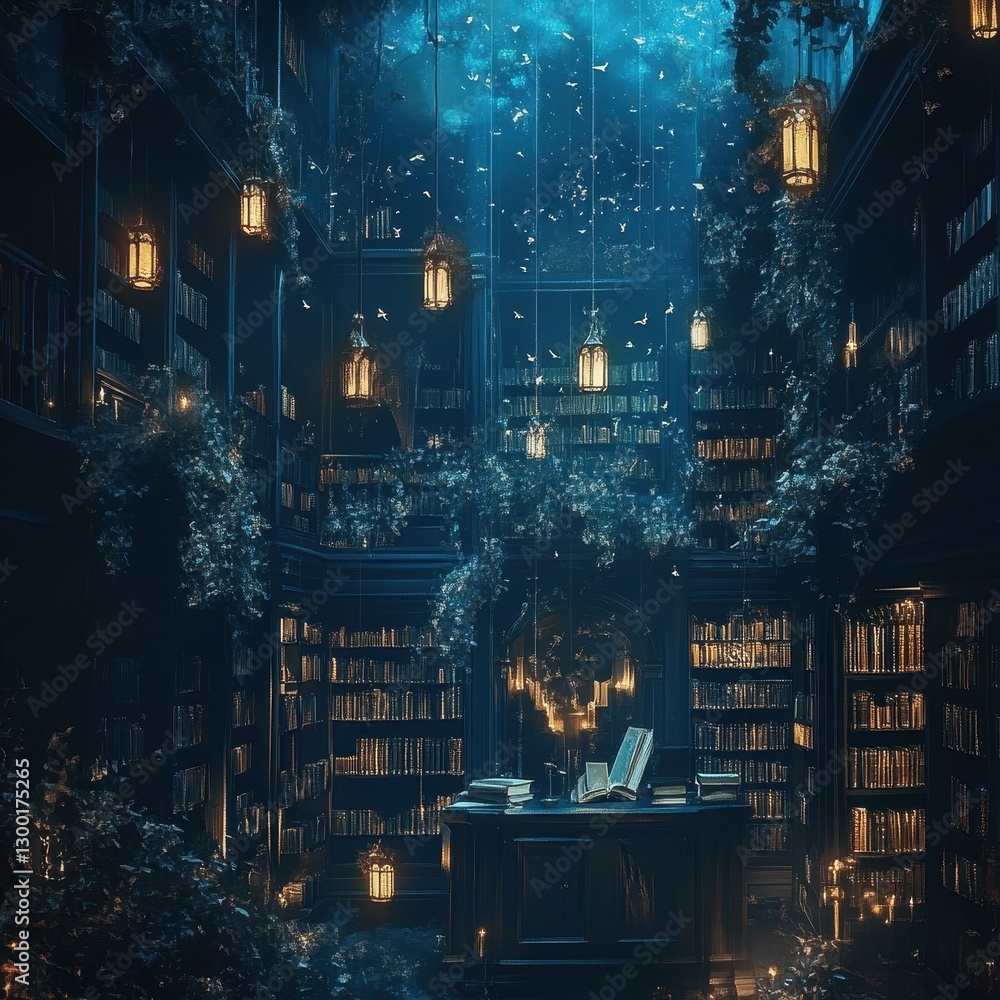 A mystical library illuminated by lanterns and filled with books A mystical library illuminated by lanterns and filled with books