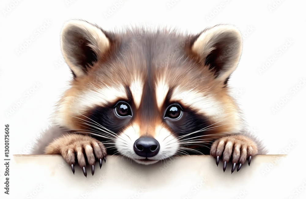 Obraz premium Adorable baby raccoon illustration. Cute animal peeks from behind white surface. Cartoon character with fluffy fur, paws. Brown mammal with curious eyes. Raccoon portrait for kids content, sticker,