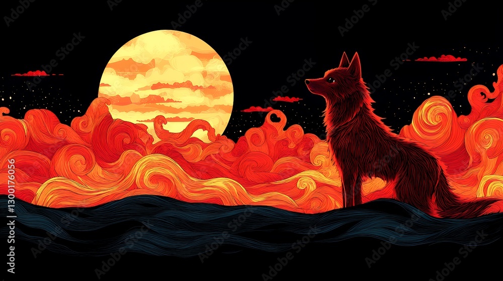 Majestic Fox Silhouette Against Vibrant Sunset and Colorful Waves Majestic Fox Silhouette Against Vibrant Sunset and Colorful Waves