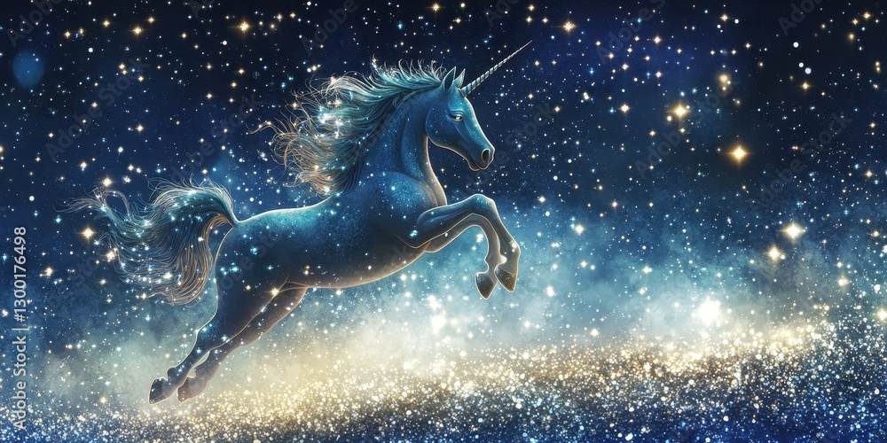 A beautiful unicorn leaps through a starry night sky gracefully A beautiful unicorn leaps through a starry night sky gracefully