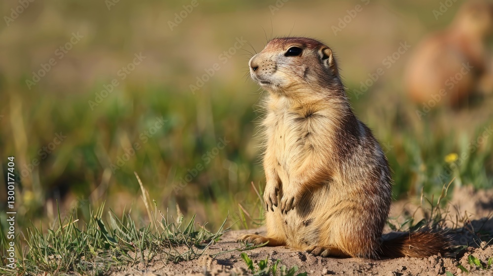 A prairie dog stands upright on a mound, attentively scanning its surroundings. Sunlight highlights its soft fur while the blurred grassy background adds depth, A prairie dog stands upright on a mound, attentively scanning its surroundings. Sunlight highlights its soft fur while the blurred grassy background adds depth,