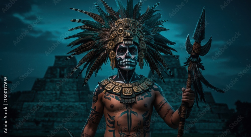 Fototapeta premium Aztec warrior in traditional attire poses with a spear against a mystical temple backdrop at twilight - chicano art