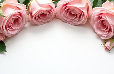 Top border arrangement of pink rose flowers isolated on white background. Floral design element with romantic bouquet, blossom buds and fresh leaves. Gentle love card banner template.