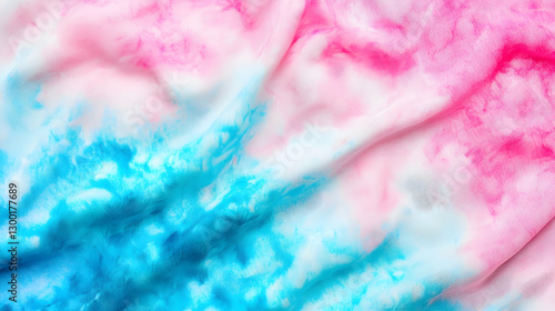 Pink and blue tie-dye fabric texture, crumpled surface, close-up, vibrant colors, background design