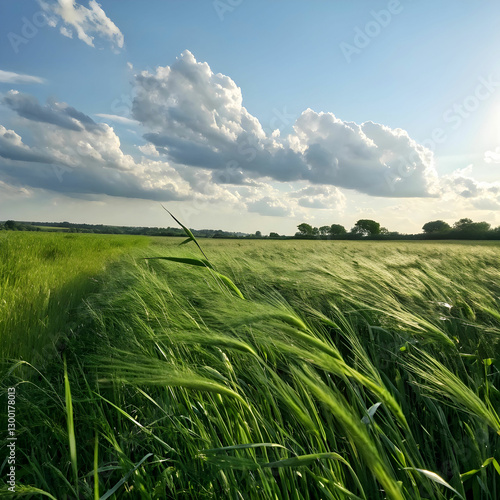 A vast, lush green field stretching to the horizon, bathed in natural sunlight, with a clear blue sky overhead