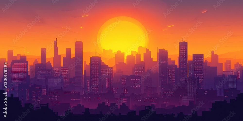 The setting sun illuminates a distant skyline of urban buildings The setting sun illuminates a distant skyline of urban buildings