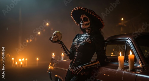 Woman in a skull makeup costume holding a skull, surrounded by candles and a vintage car at night - chicano art