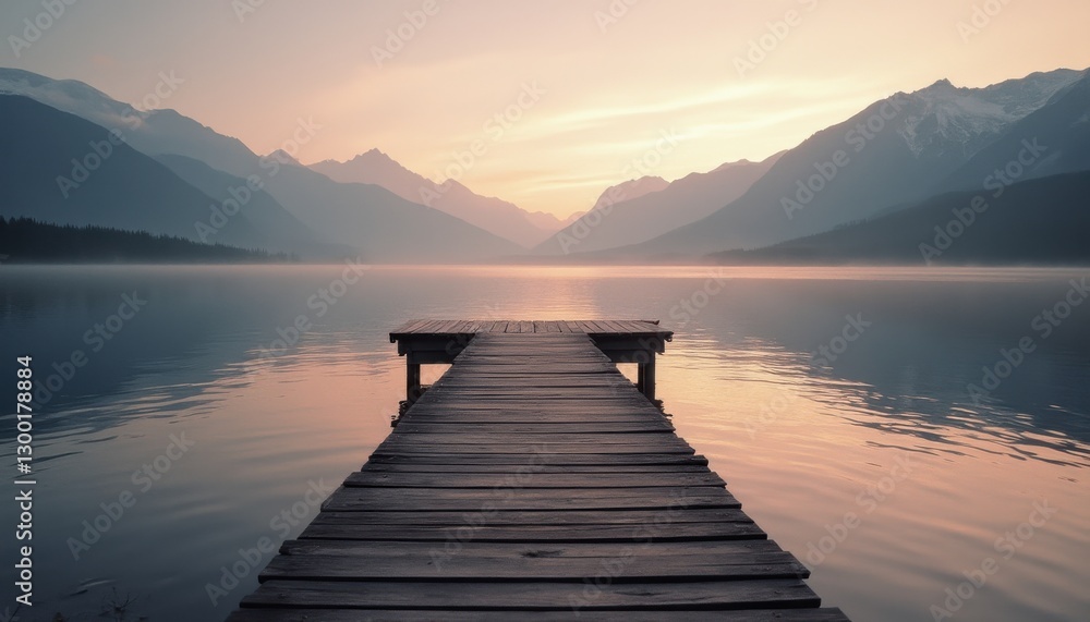 Obraz premium Cinematic view of a serene lake at dawn with mountains in the background and a wooden dock extending over calm waters
