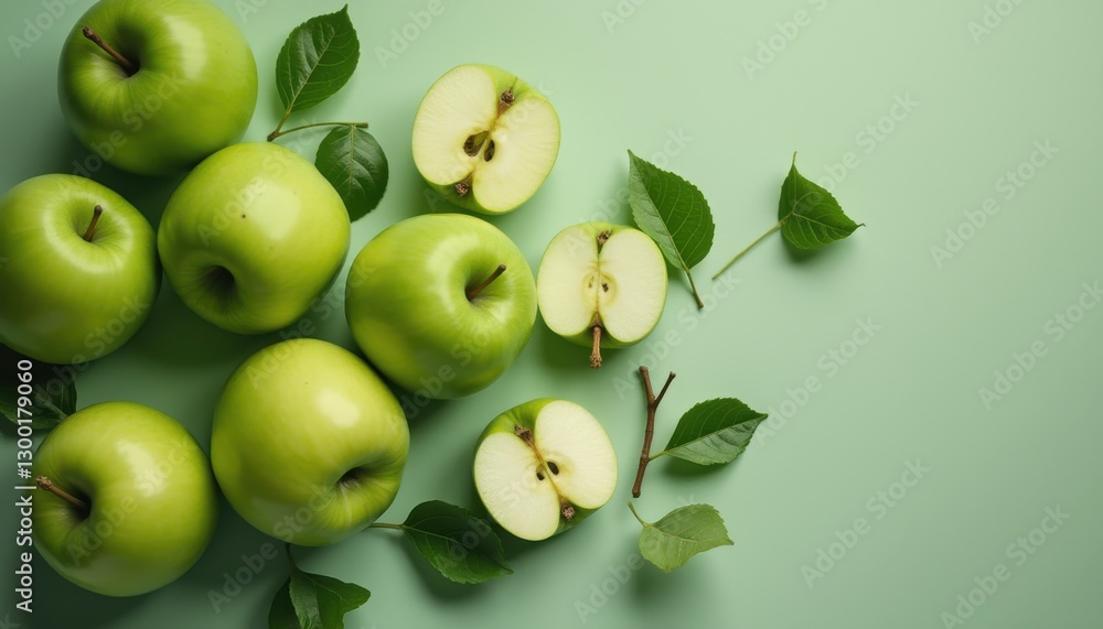 Green apples arranged on a mint background with leaves and slices showcasing their freshness and vibrant color Green apples arranged on a mint background with leaves and slices showcasing their freshness and vibrant color