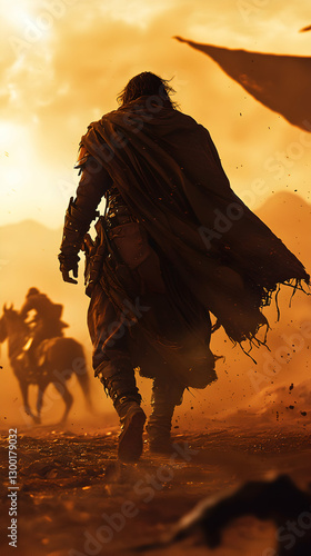 Silhouette of a Lone Warrior in a Desert at Sunset