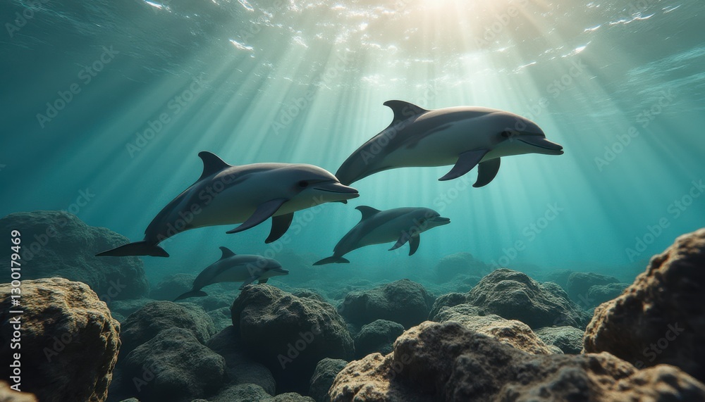 Fototapeta premium Underwater exploration of a playful pod of dolphins swimming through sunlit waters