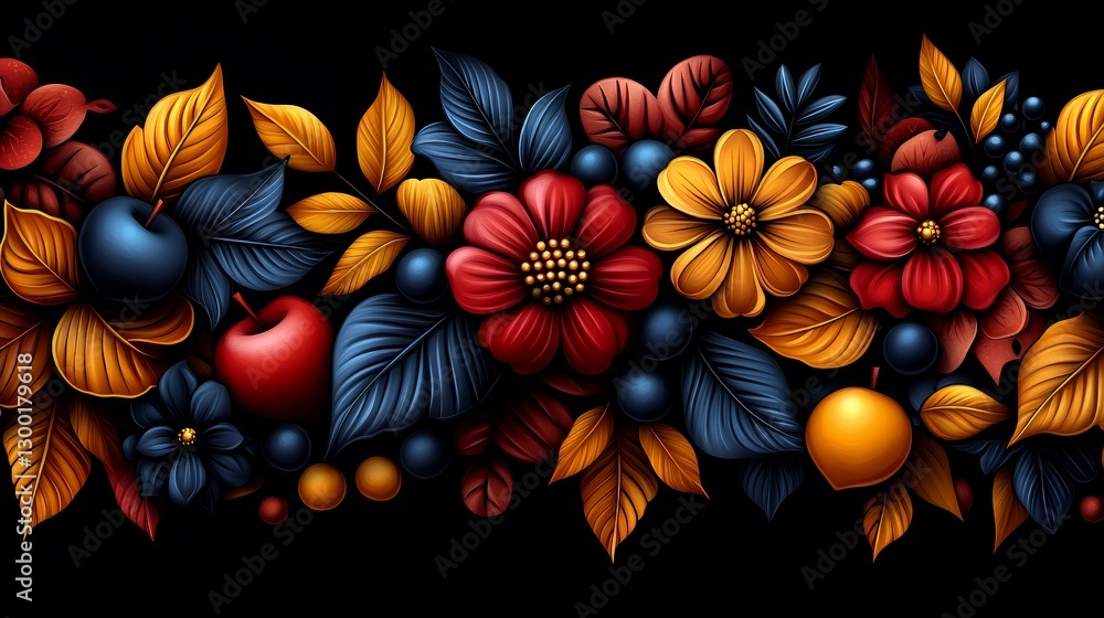 Fototapeta premium Vibrant Floral Composition with Colorful Leaves and Fruits on Dark Background