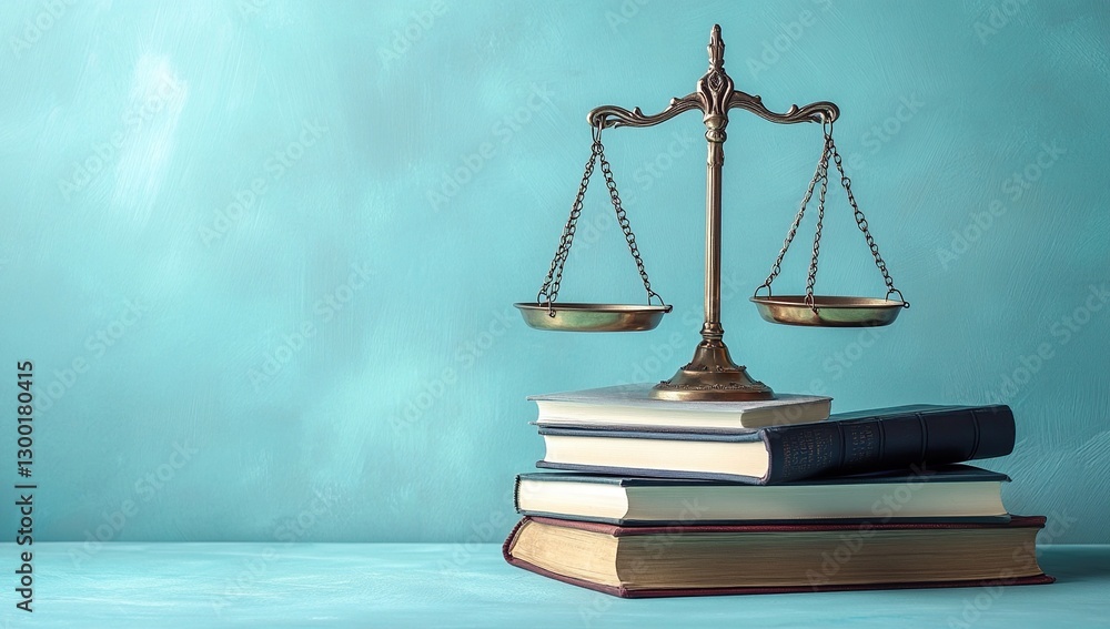 Brass Scales of Justice on Stack of Old Books Against Teal Background Brass Scales of Justice on Stack of Old Books Against Teal Background