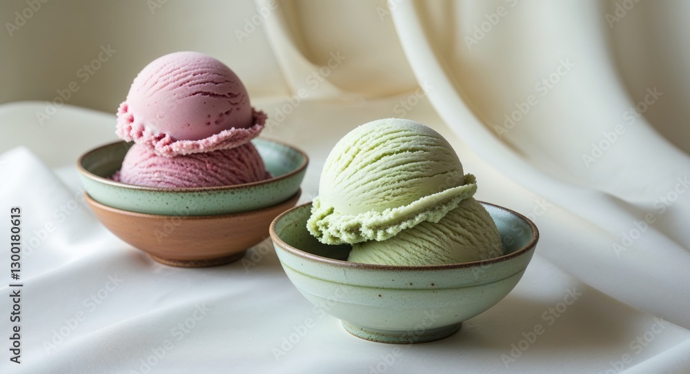 Raspberry pistachio ice cream scoops in bowls. Raspberry pistachio ice cream scoops in bowls.
