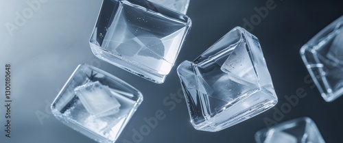 Crystal Clear Ice Cubes with Blue Reflection on Black Background.
