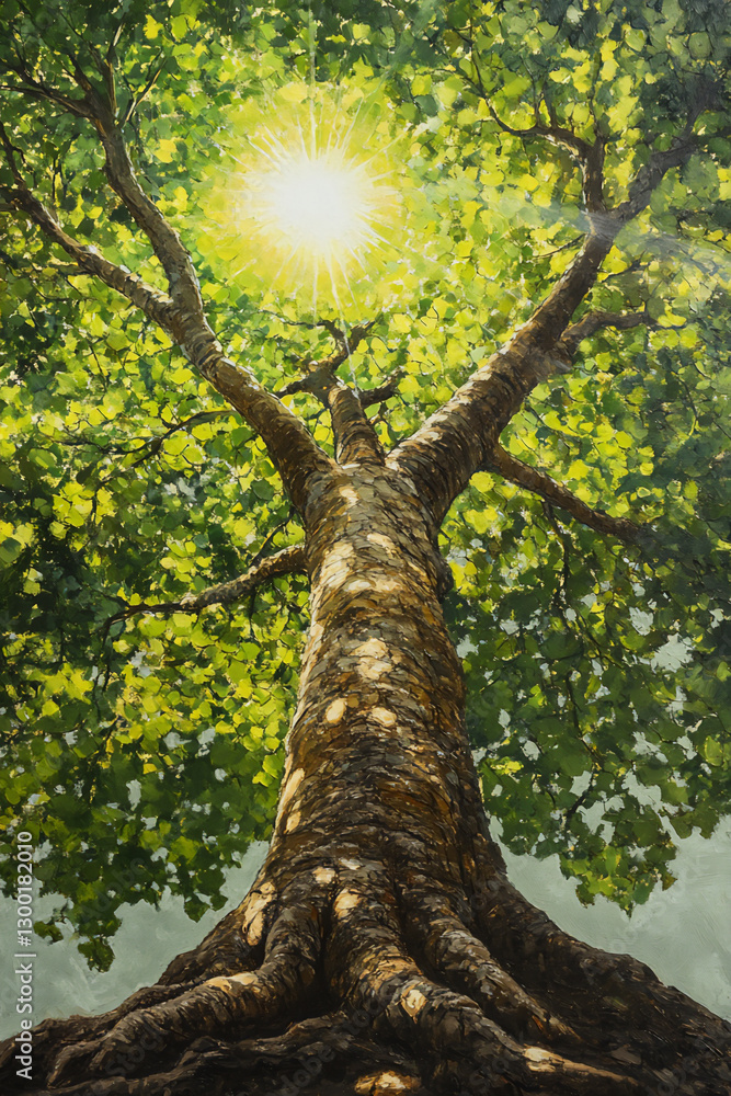 Fototapeta premium a large tree with lush green leaves, seen from the bottom up,