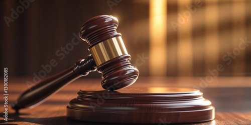 macro shot of polished wooden gavel resting on smooth podium warm lighting reflecting off its surface with copy space photo