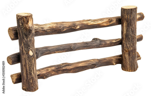 Rustic wooden fence made of natural logs, isolated on transparent cutout background