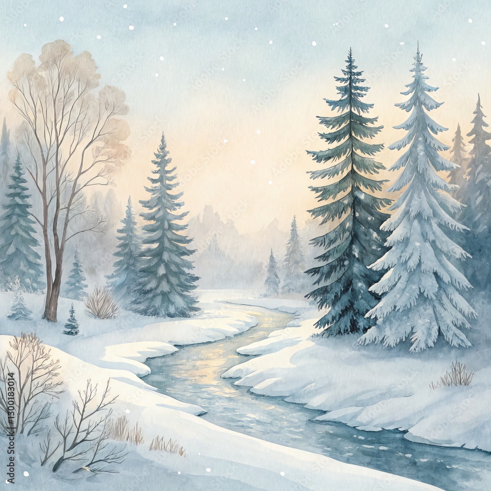 Naklejka premium Winter Watercolor Landscape Snowy River, Pine Trees, Tranquil Scene, Watercolor Painting, Winter Wonderland Winter scene, Watercolor painting