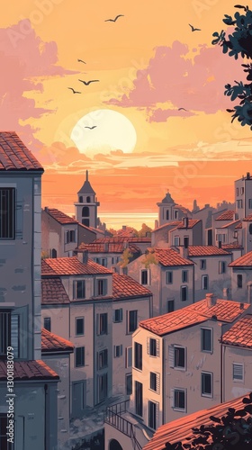 Wallpaper Mural An artistic illustration of an urban cityscape at sunset with flying birds Torontodigital.ca