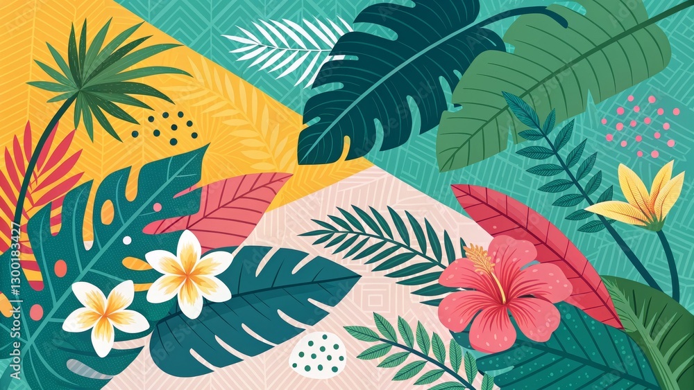 Naklejka premium Tropical Floral Collage Abstract Geometric Composition, Vibrant Leaves and Flowers, Summer Paradise, Tropical Leaves, Summer Vibes