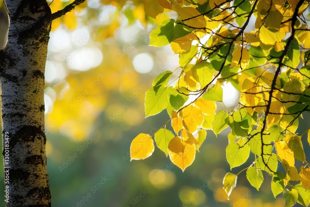 Obraz premium A close-up of a birch tree with green and yellow leaves illuminated by sunlight, creating a soft bokeh effect. The image represents autumn, nature, transition, and seasonal beauty.
