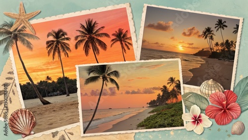 Tropical Sunset Collage Photo Montage of Palm Trees, Beaches and Ocean at Dusk, Seashells, Hibiscus, Vintage Postcards Tropical Vacation, Beach Sunset
