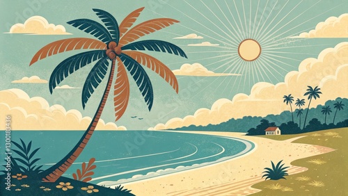 Tropical Beach Scene Palm Tree, Ocean, Sunset Illustration, Vintage Style, Beach Vacation. Palm Tree, Ocean View