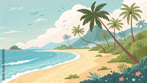 Tropical Beach Landscape Palm Trees, Ocean Waves, Island Composition, Digital Illustration, Vacation Scene, Summer Paradise. Beach Scene, Tropical Island