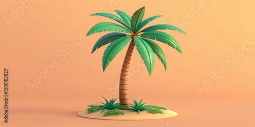 Stylized 3D Render Single Palm Tree on Island, Minimalist Composition, Summer Vacation, Tropical Paradise. Palm Tree, 3D Render